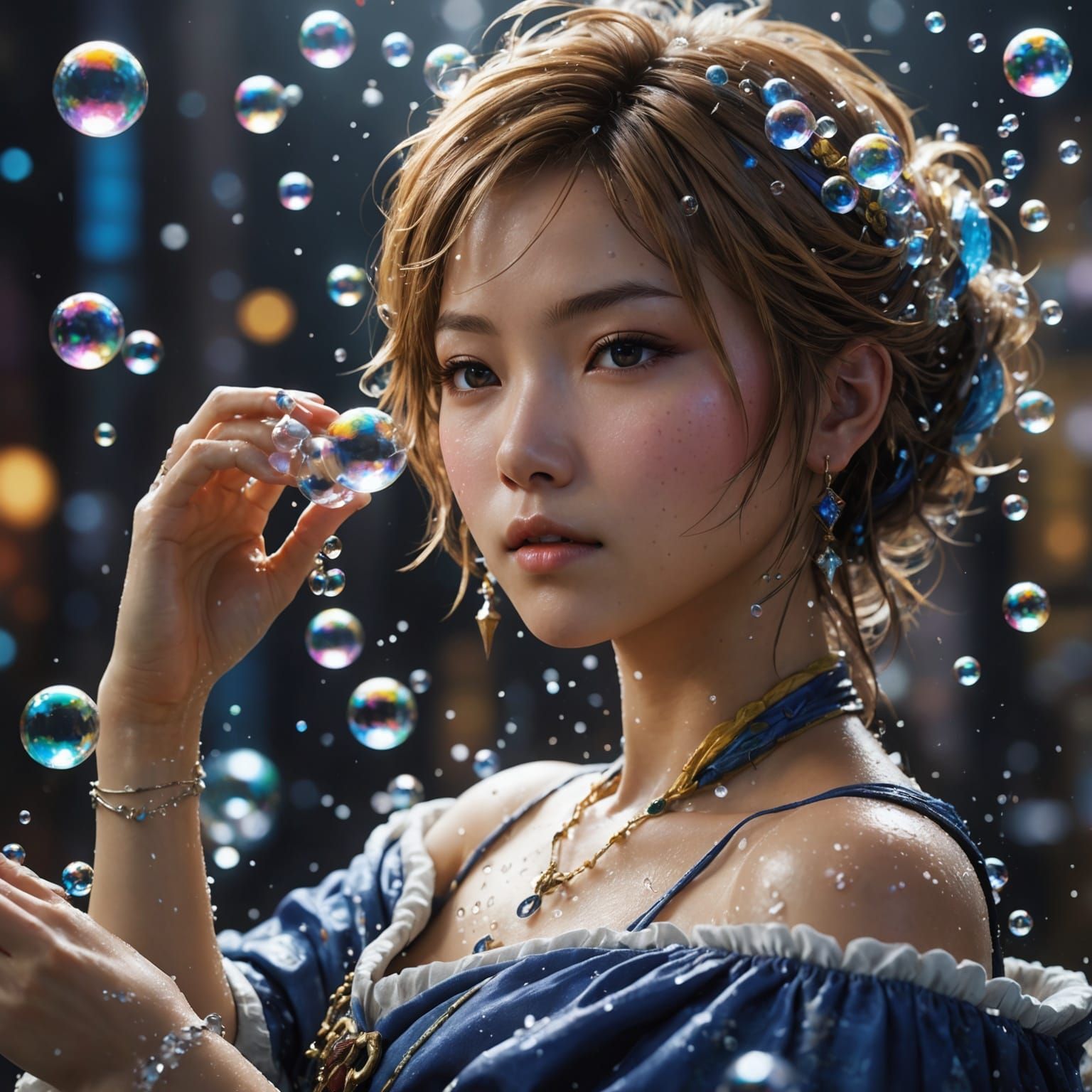 Yuna in Bubble Bath: Hyperrealistic Studio Photo