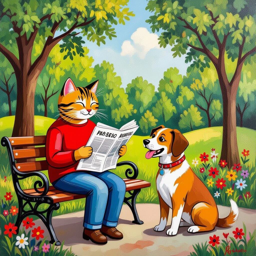 Tabby Cat Reading Newspaper in Gouache Style