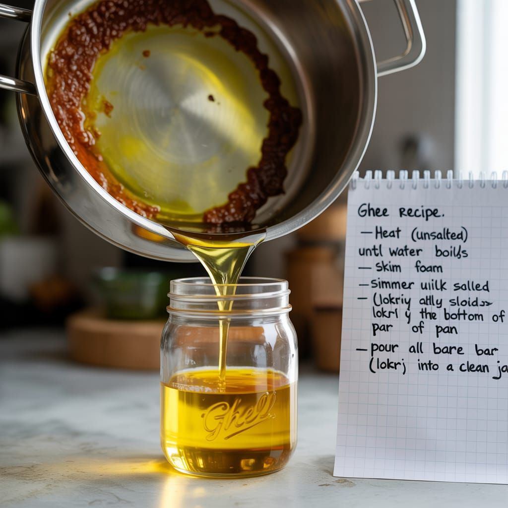 Golden Ghee Poured Into Jar as Recipe is Shown