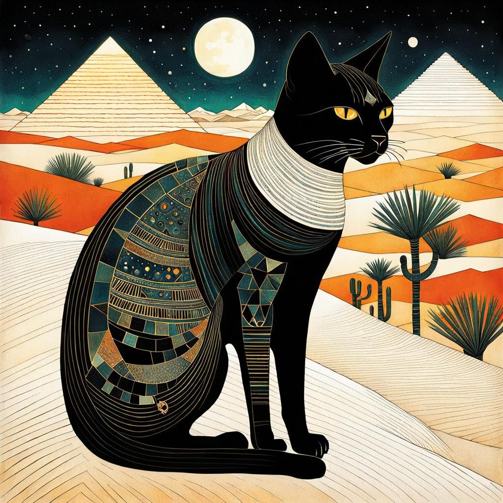 Elegant Egyptian Cat in Desert: Minimalist Illustration