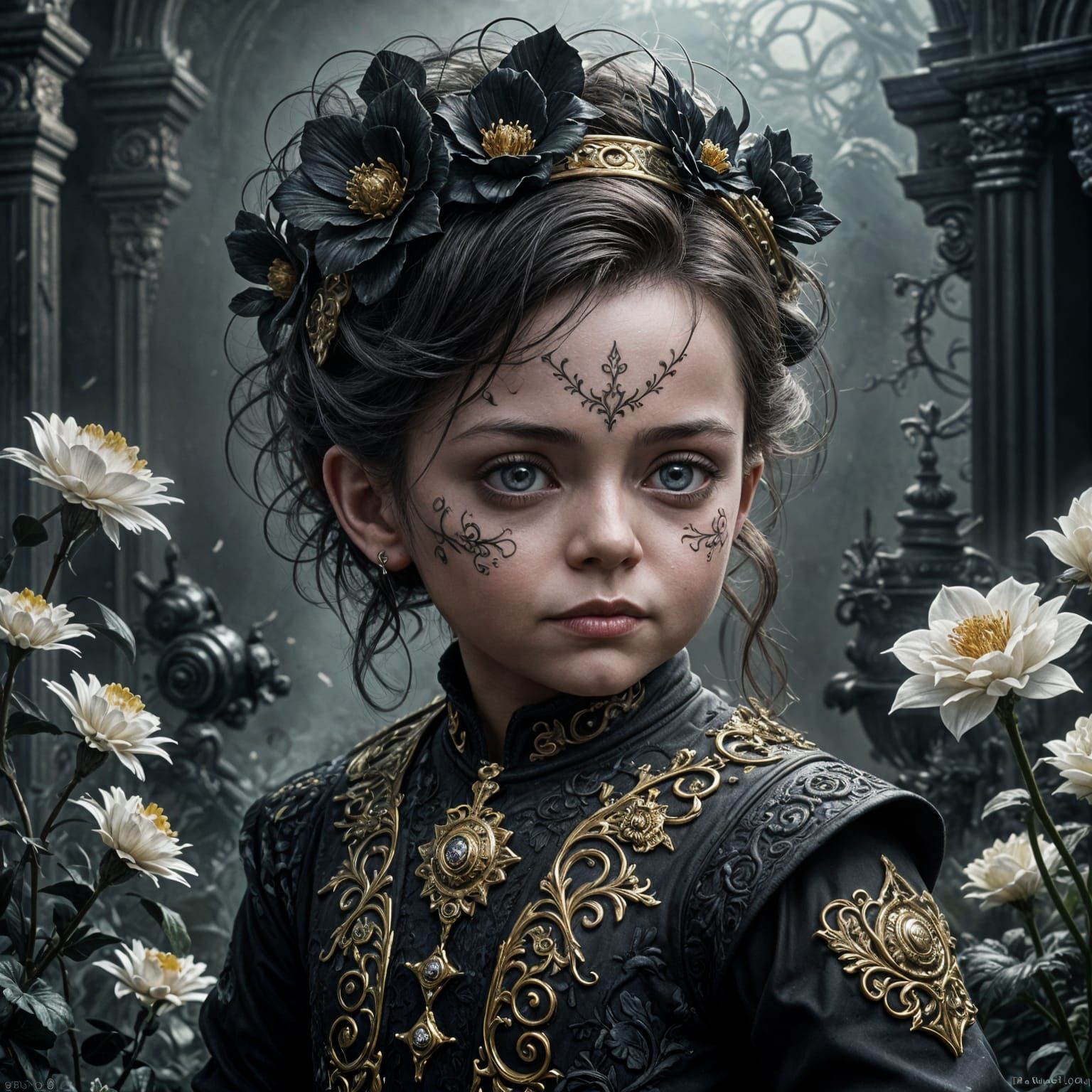 Ethereal Baby Amidst Dark Blooms in Baroque Fantasy