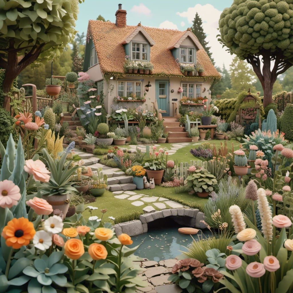 Cozy House with Flower Garden in Folk-Art Style