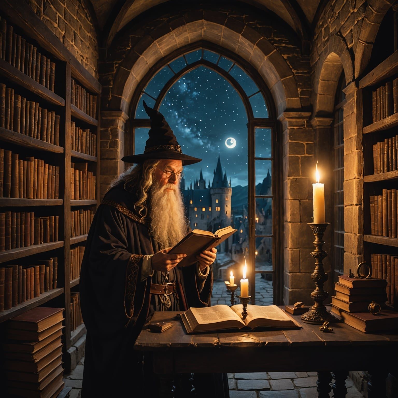 Wizard Reading by Candlelight in Stone Library
