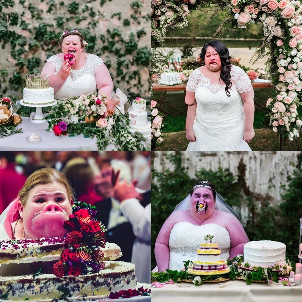 Surreal Pig-Faced Woman Eating Wedding Cake