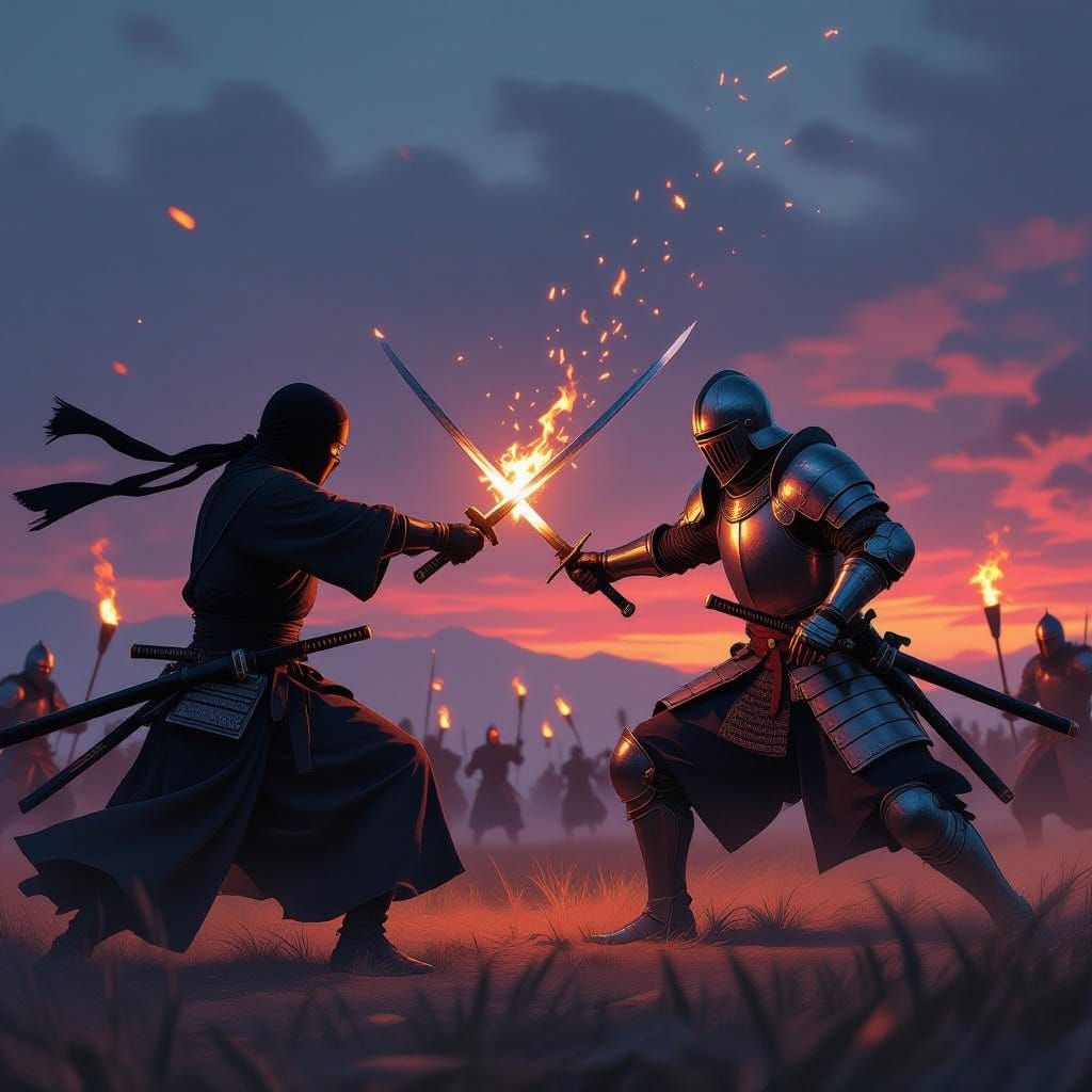 Ninja Battles Knight in Napoleonic Uniforms at Dusk