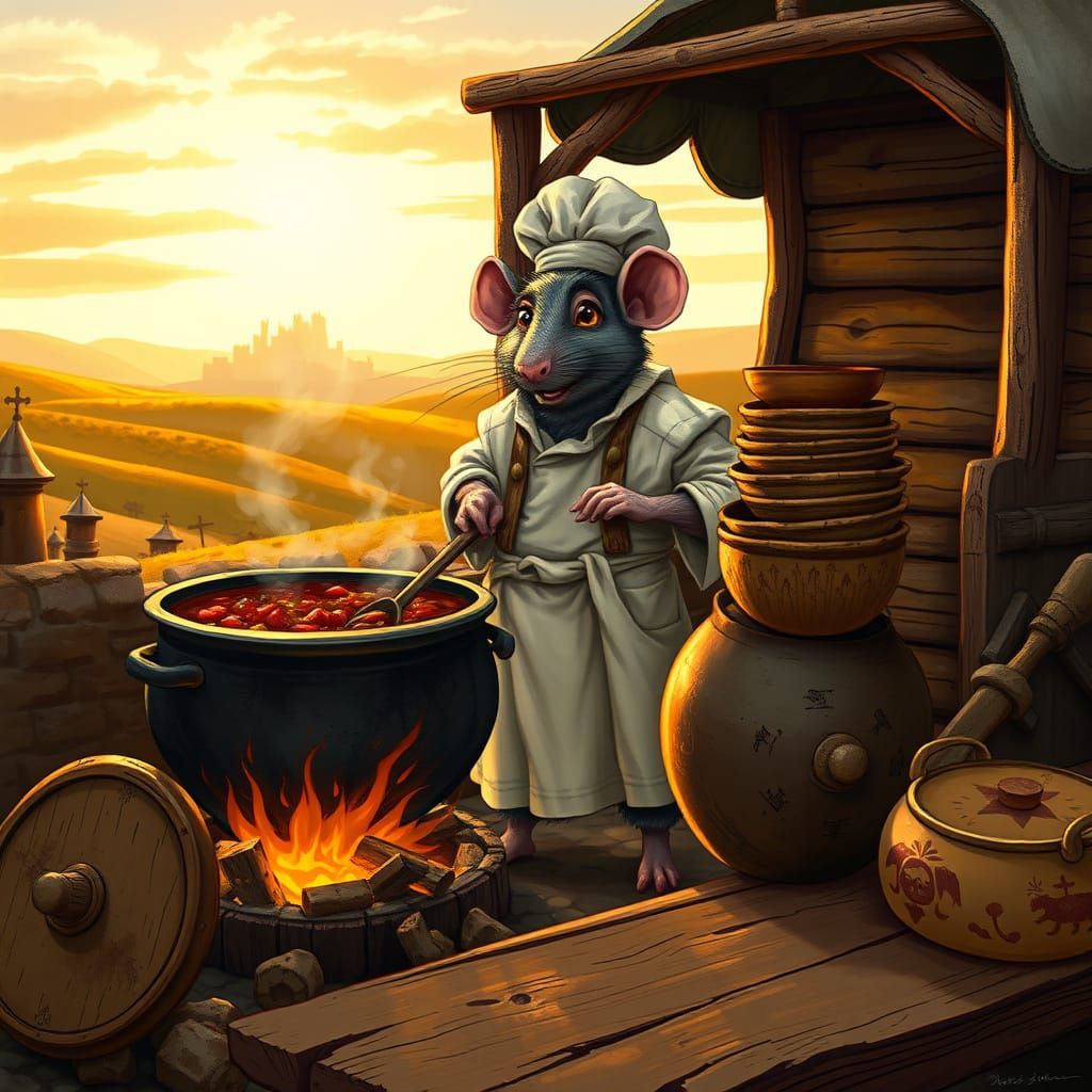 Medieval Rat Chef Stirs Cauldron Outside Chuck Wagon