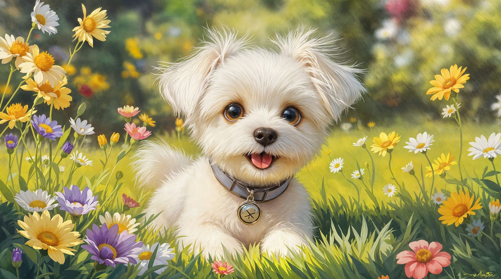 Whimsical Oil Painting of Happy Maltese Puppy in Sunny Lands...