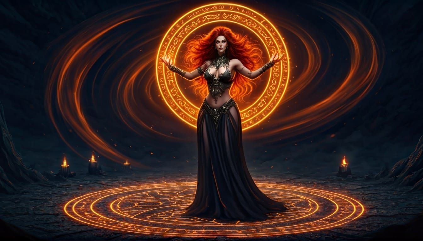 Fiery Sorceress Casting Spell in Ritual Circle
