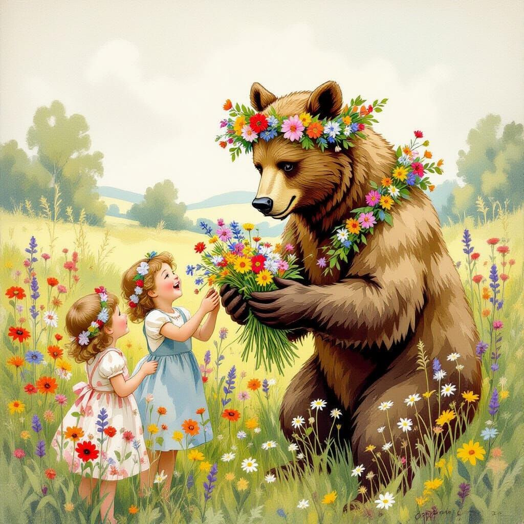 Kind Beast Gathering Flowers in Lush Meadow