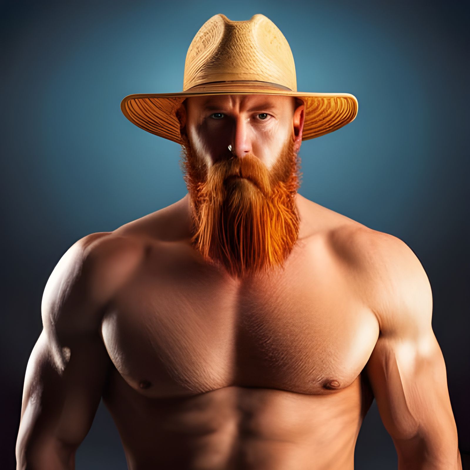 Hyperrealistic Muscular Man in Straw Hat Portrait