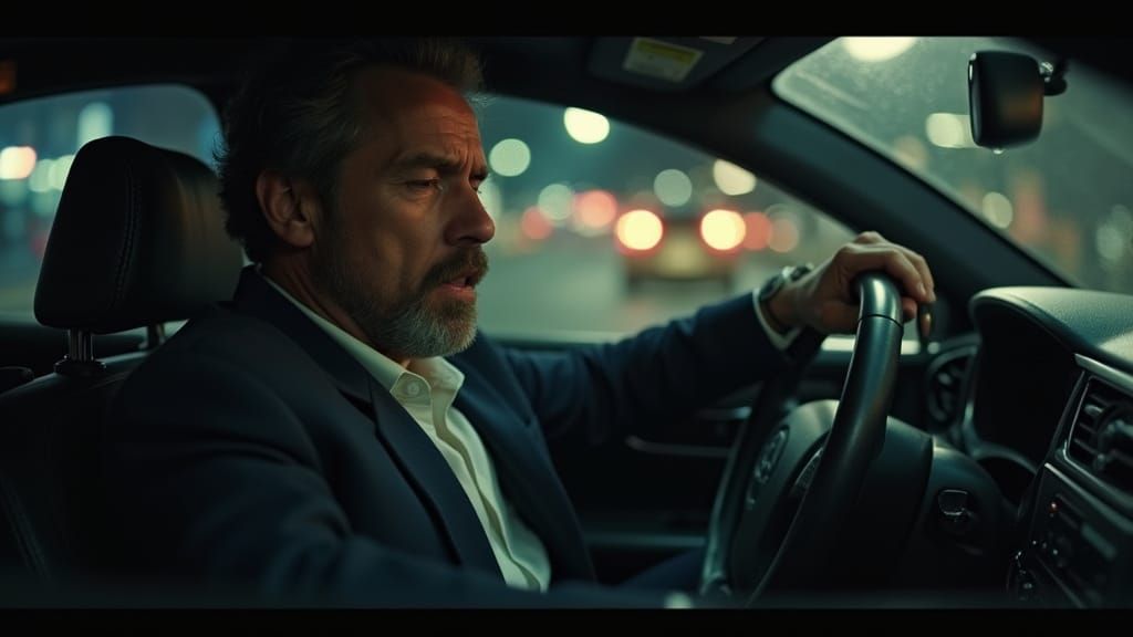 Disoriented Man in Car at Night: Cinematic Digital Painting