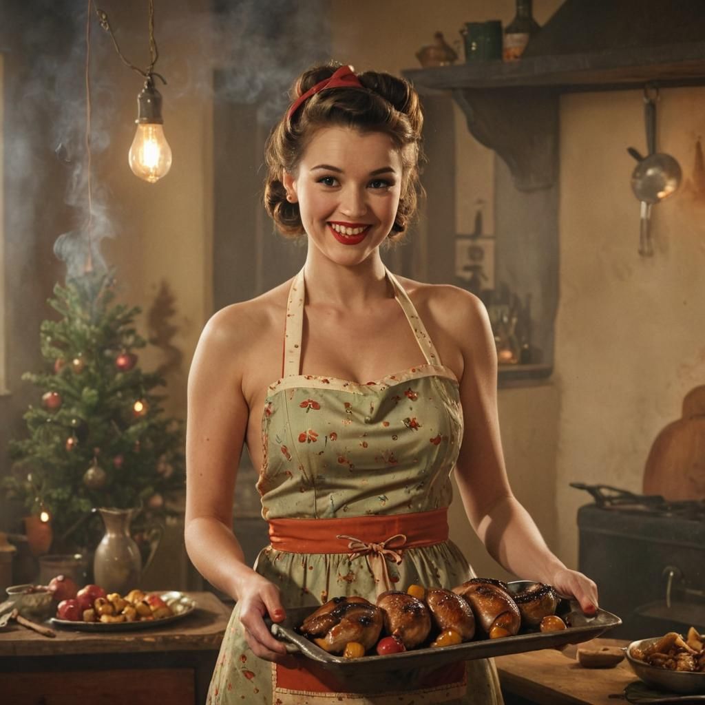 Festive Pin-Up Housewife with Roasted Duck
