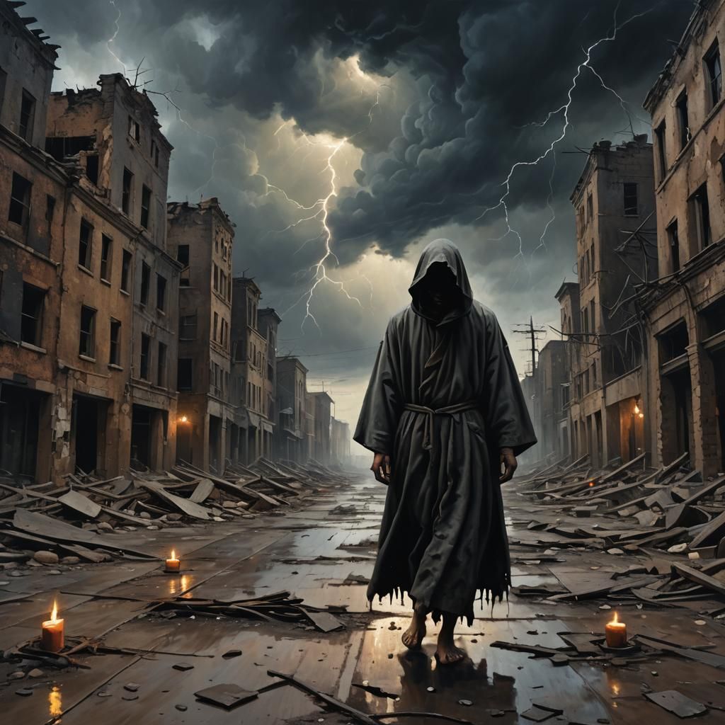 Post-Apocalyptic Wanderer in Dark Surrealist Cityscape