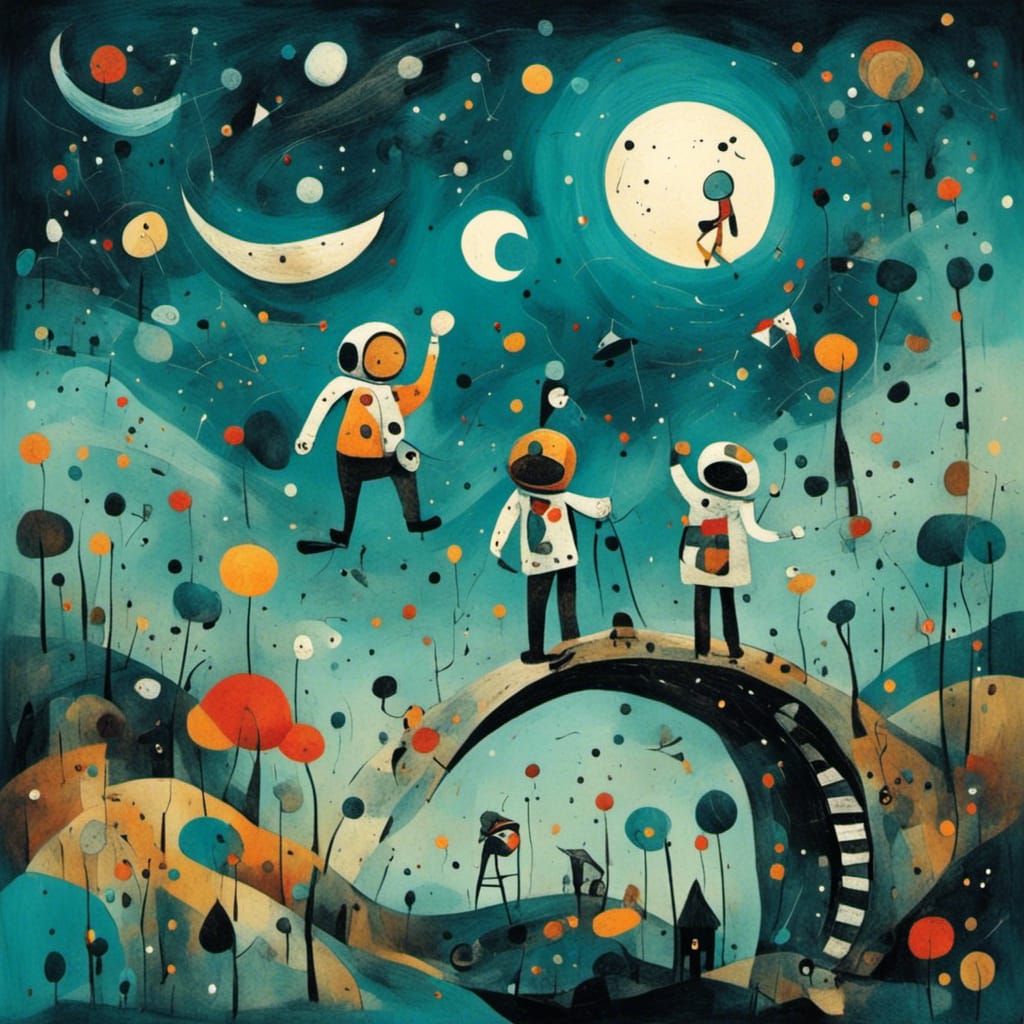 Astronauts Carving a Crescent Moon in Sky