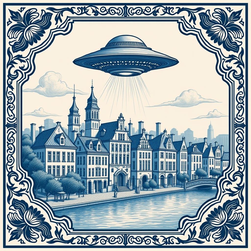 UFO over Belgian City on Delft Tile, Baroque Style