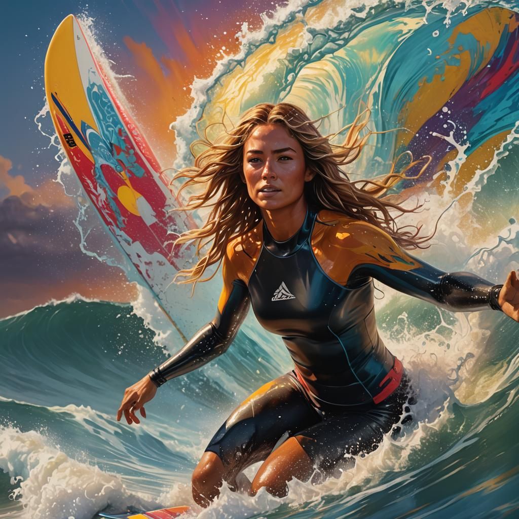 Hyperrealistic Surfer Girl in Splash Art Style