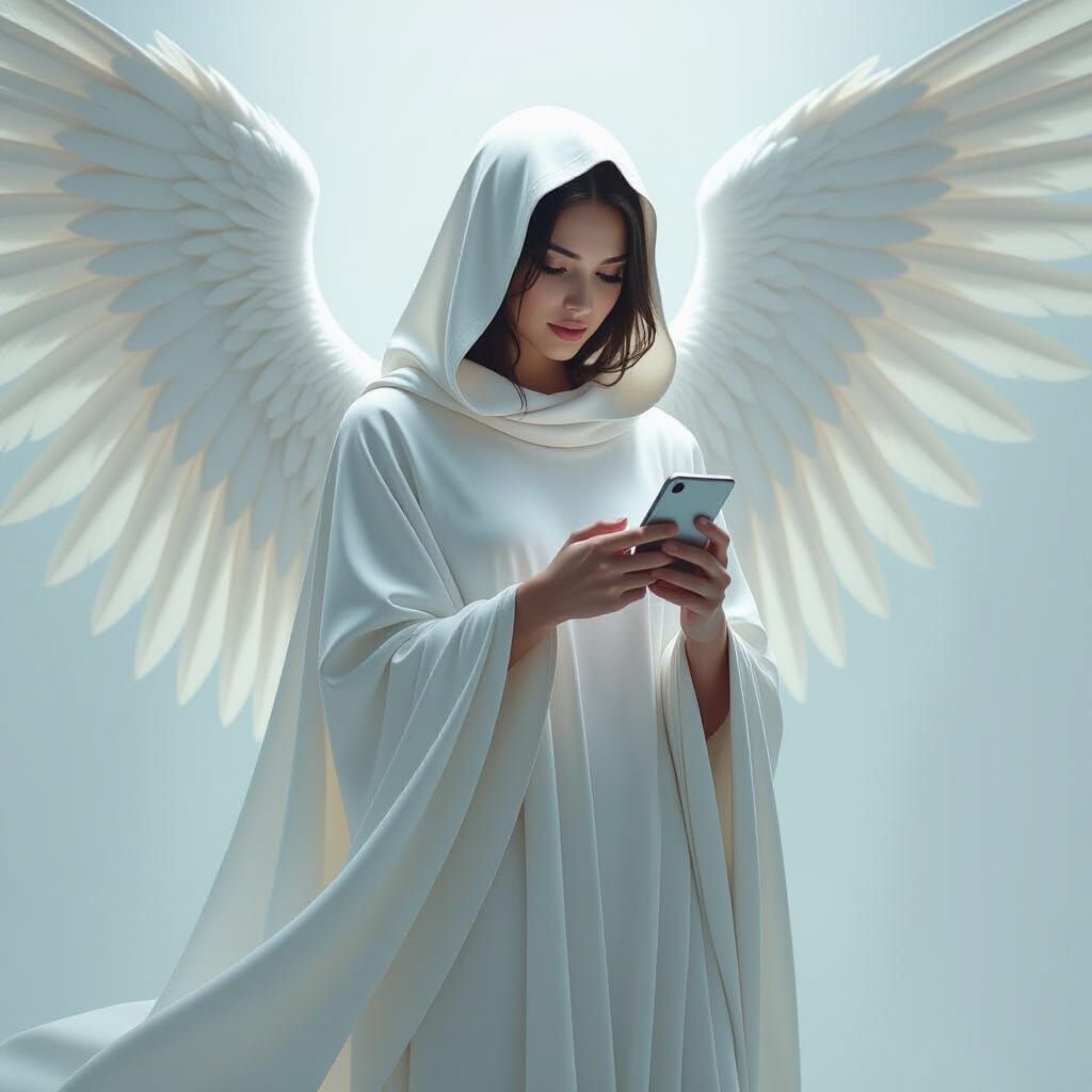 Angel Using Cellphone in Digital Art Style