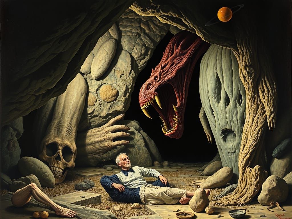 Surreal Cave Encounter in Dark, Mysterious Abode