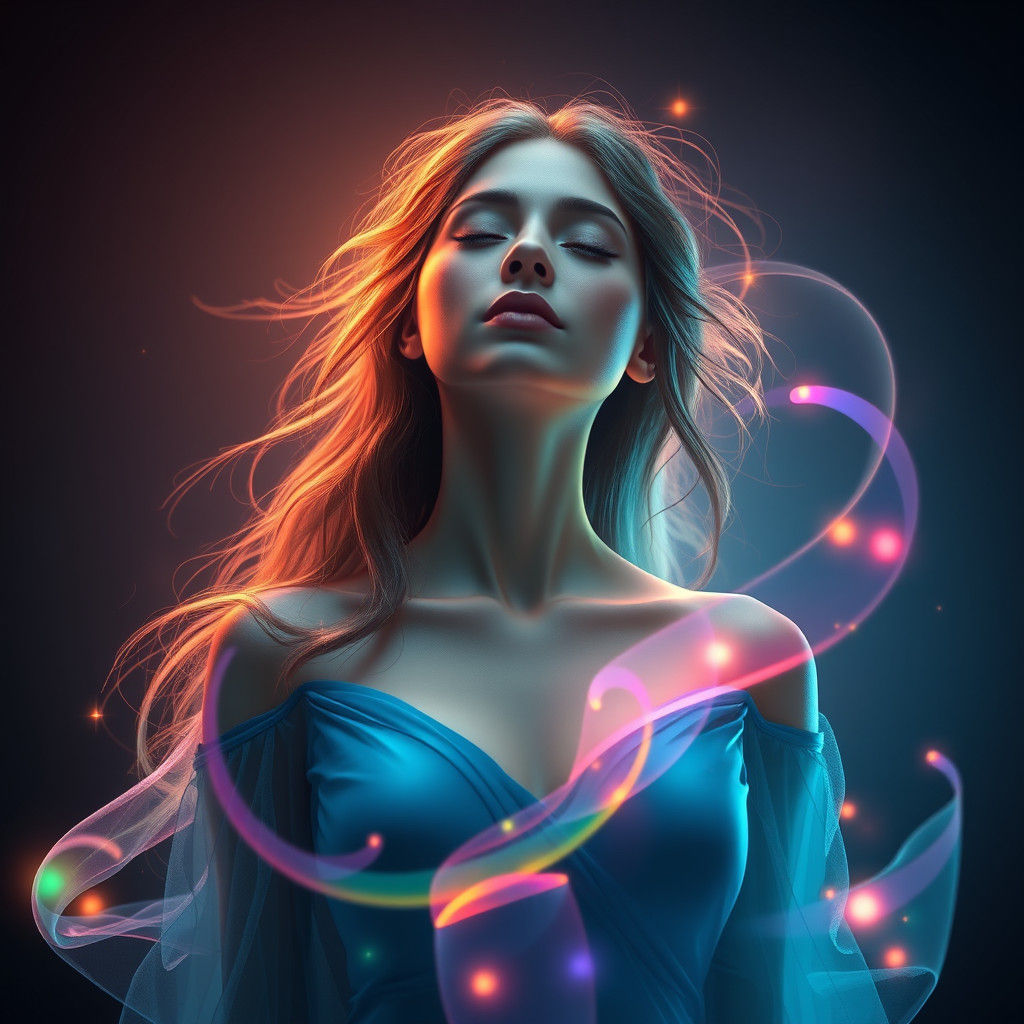 Serene Woman in Rainbow Lights: A Dreamlike Concept Art