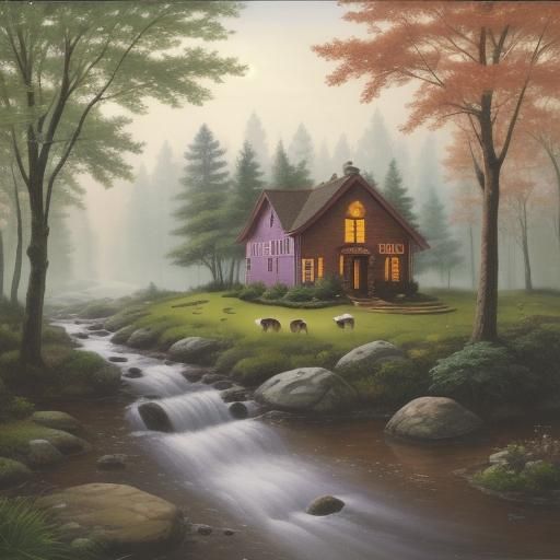 Gingerbread House in Misty Forest at Dawn