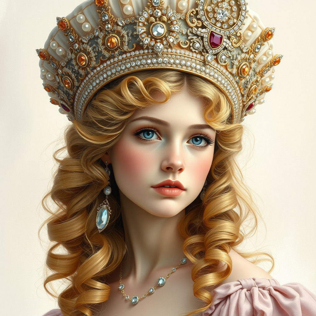 Elegant Girl Portrait with Tiara in Impressionist Style