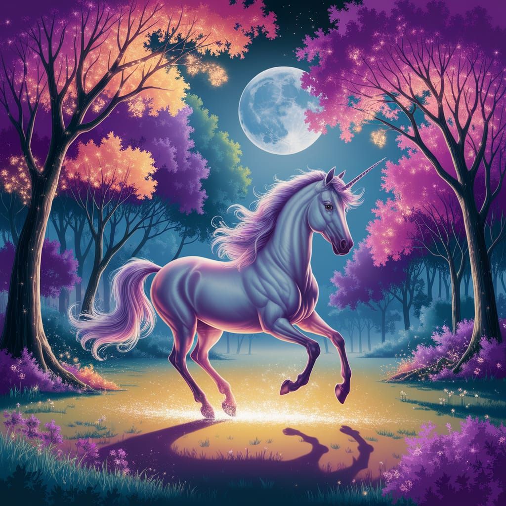 Unicorn Galloping Through Moonlit Forest with Glowing Flower...