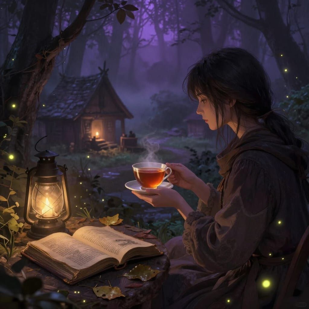 Enchanting Dark Fantasy Forest Scene with Gentle Interaction