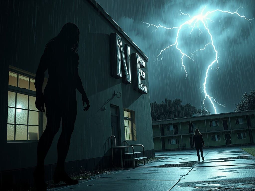 Shadow of a Sorority Slasher in a Grimy, Dilapidated Motel