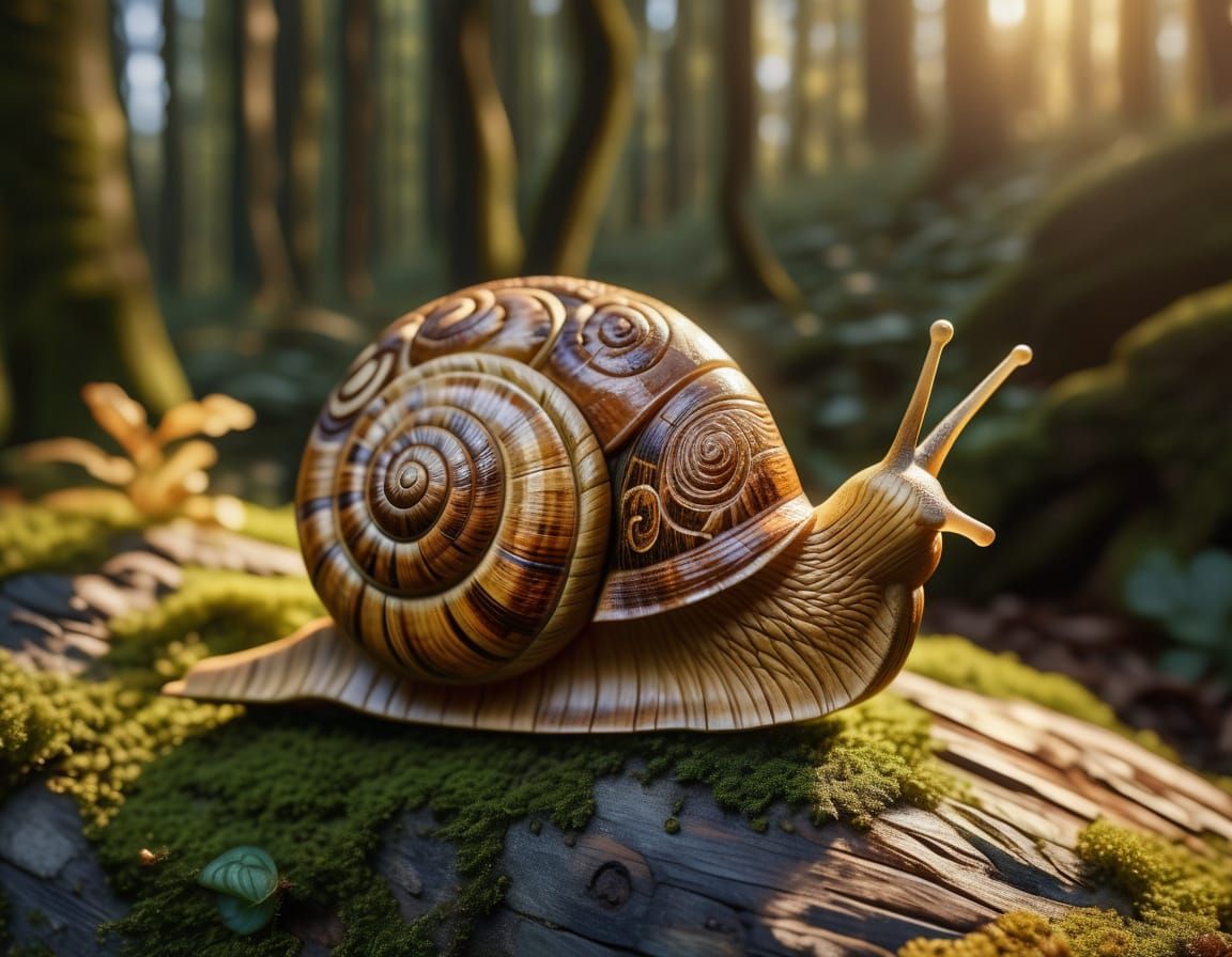 Hyperrealistic Wooden Snail with Floral Lattice