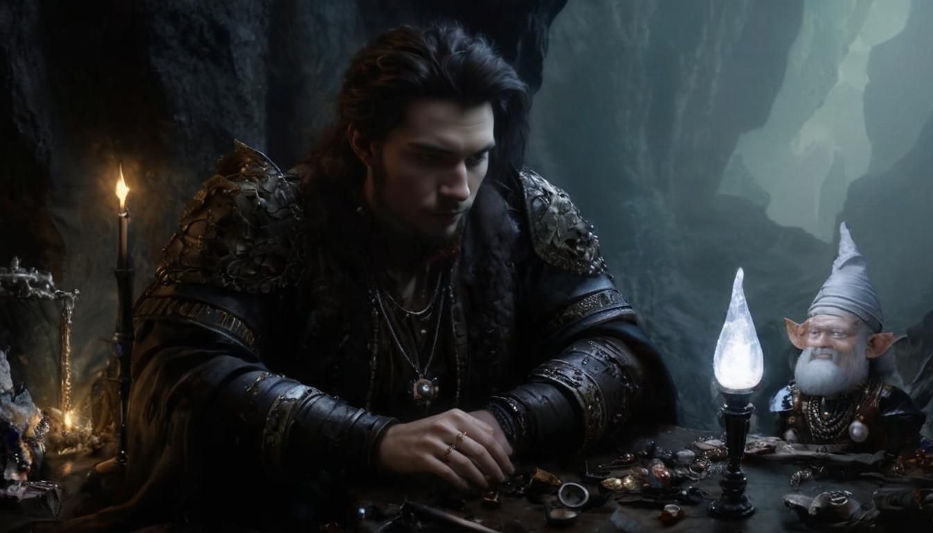 Renaissance Musician Sulking in Cave with Gnome