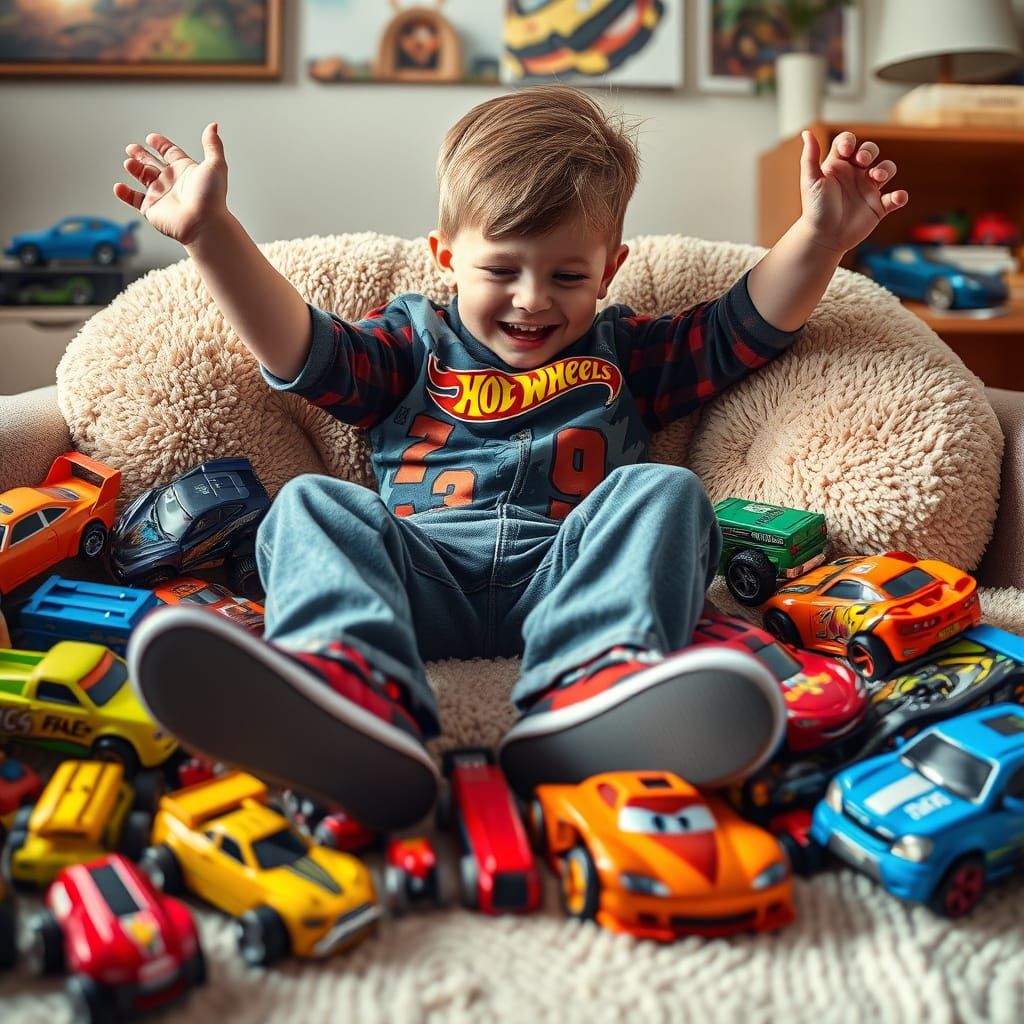 Child's Joyful Playtime with Toy Cars: Digital Illustration