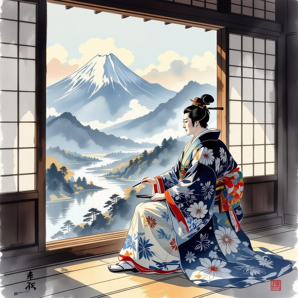 Edo Emperor Paints Mountains in Black Watercolor