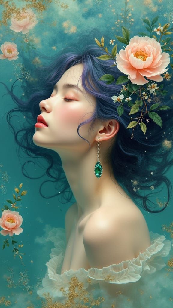 Dreamlike Underwater Portrait in Art Nouveau Style
