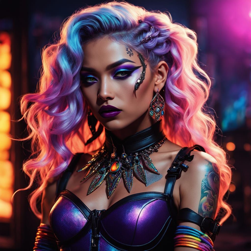 Glamorous Sorceress with Magic Flames and Polychromatic Eyes