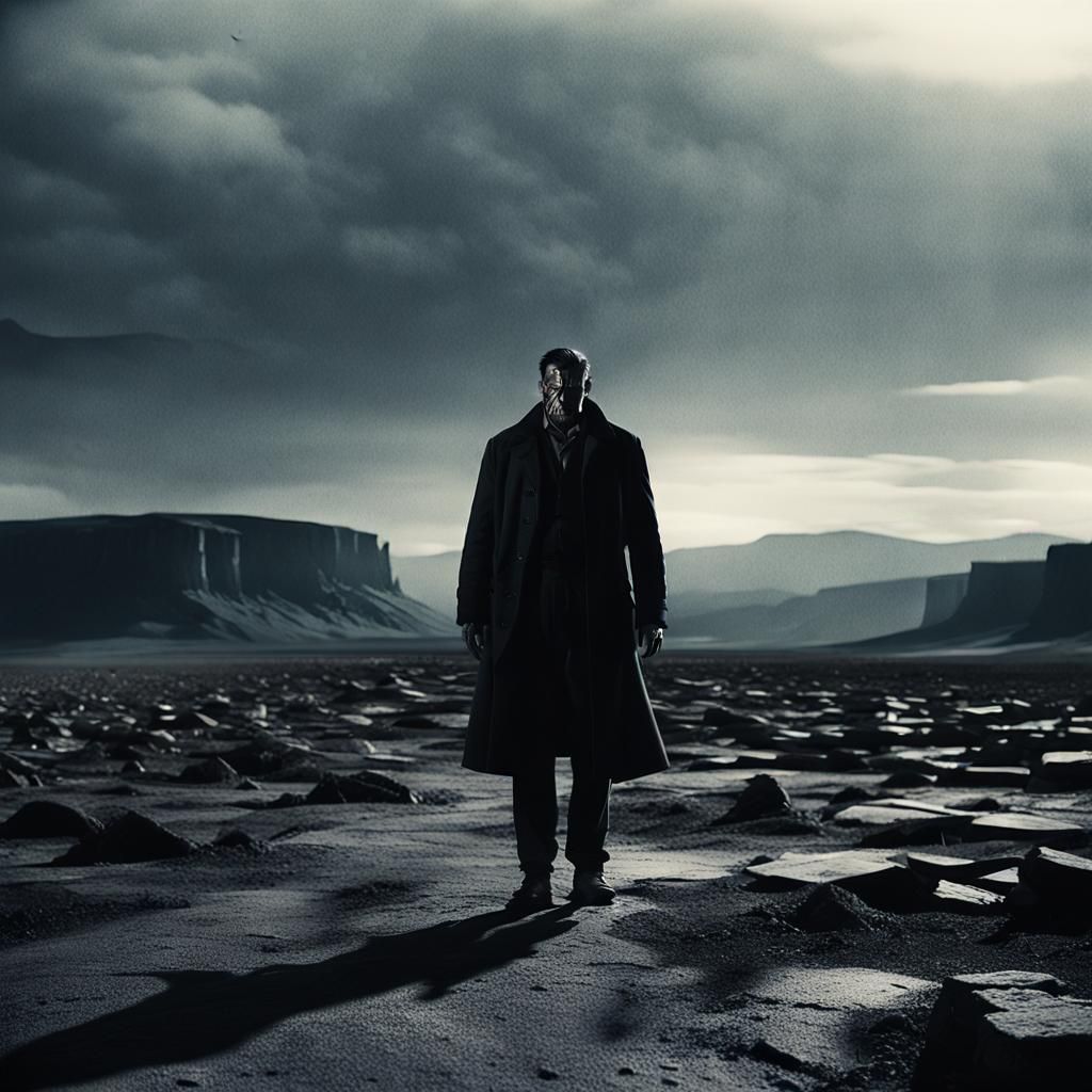 Imposing Figure in Barren Landscape: Film Noir Style