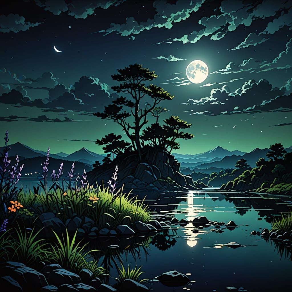 Surreal Anime-Inspired Cove Under Two Moons