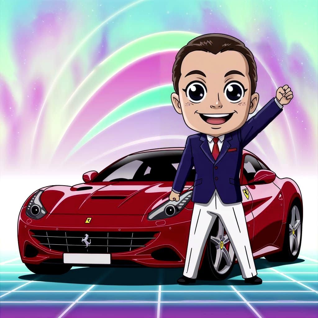 Kawaii Man Celebrates Beside Ferrari in Vaporwave Style