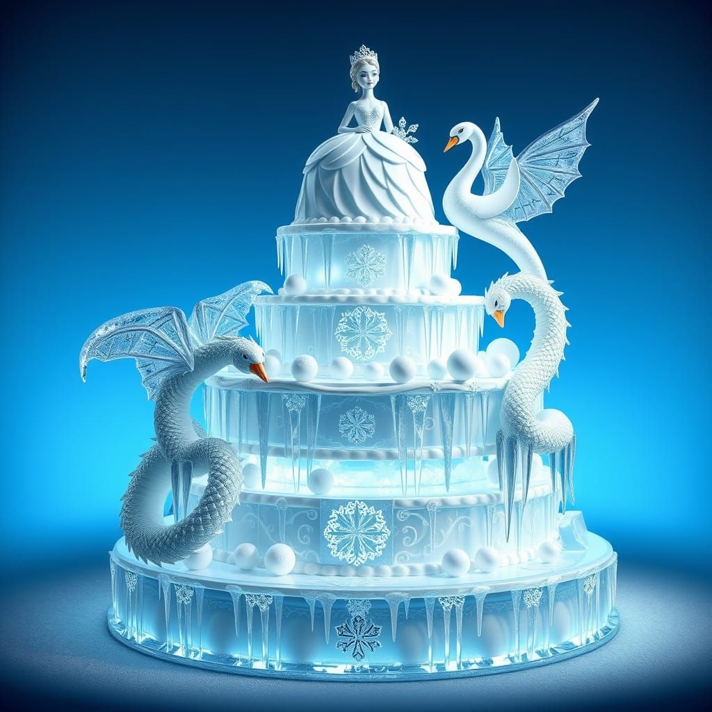 Magnificent Seven-Tier Ice Carved Cake with Dragons