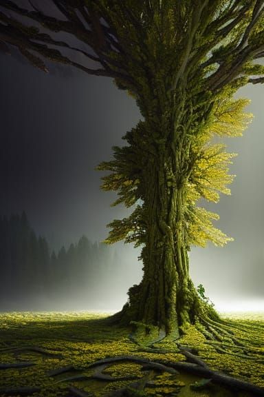 Cash Tree with Fractal Iridescence in Stained Glass Style