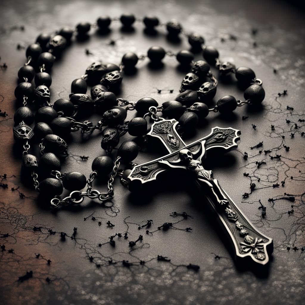 Raven Skull Rosary: Eerie Ominous Digital Painting
