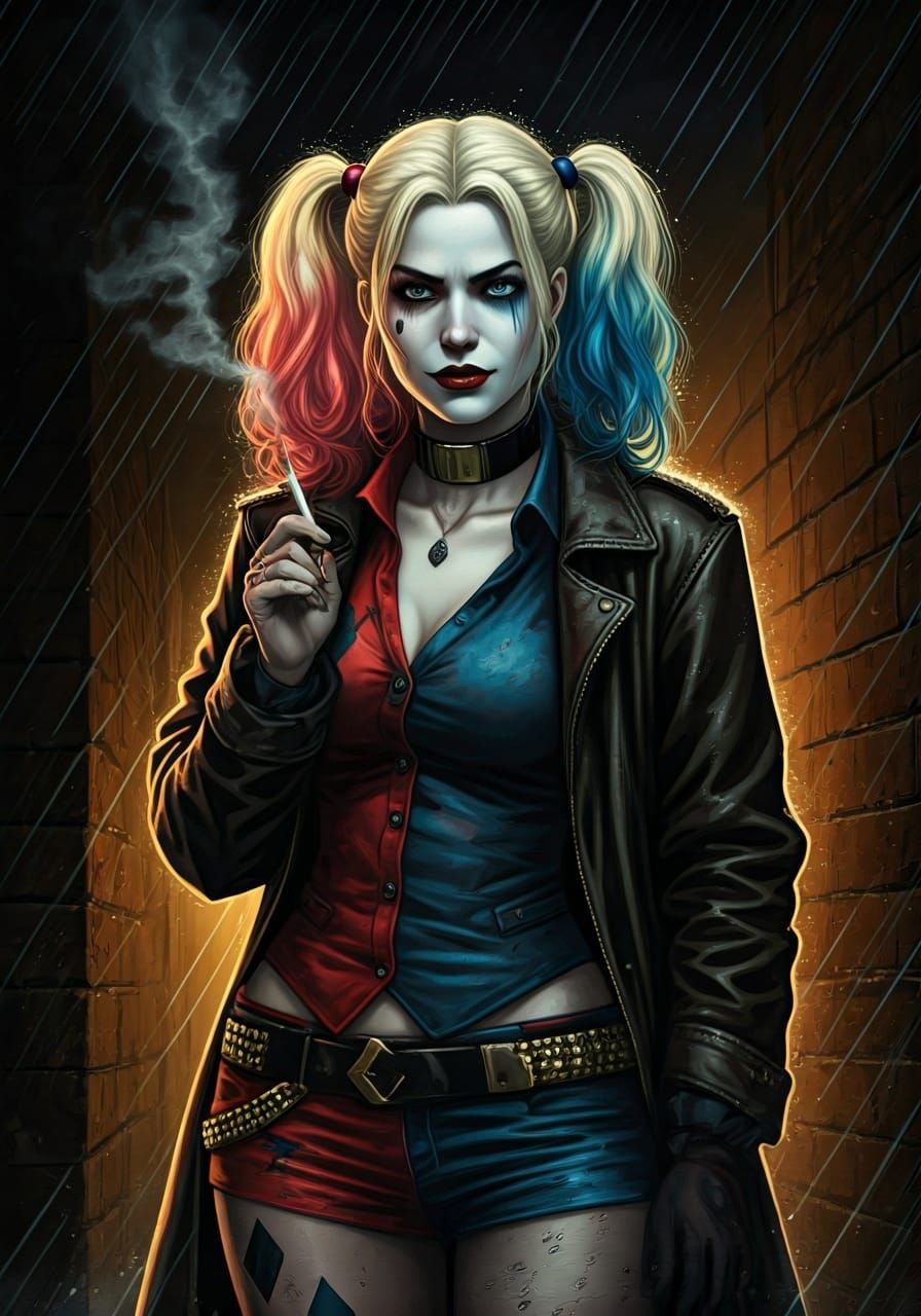 Harley Quinn as Noir Detective in Graphic Novel Style