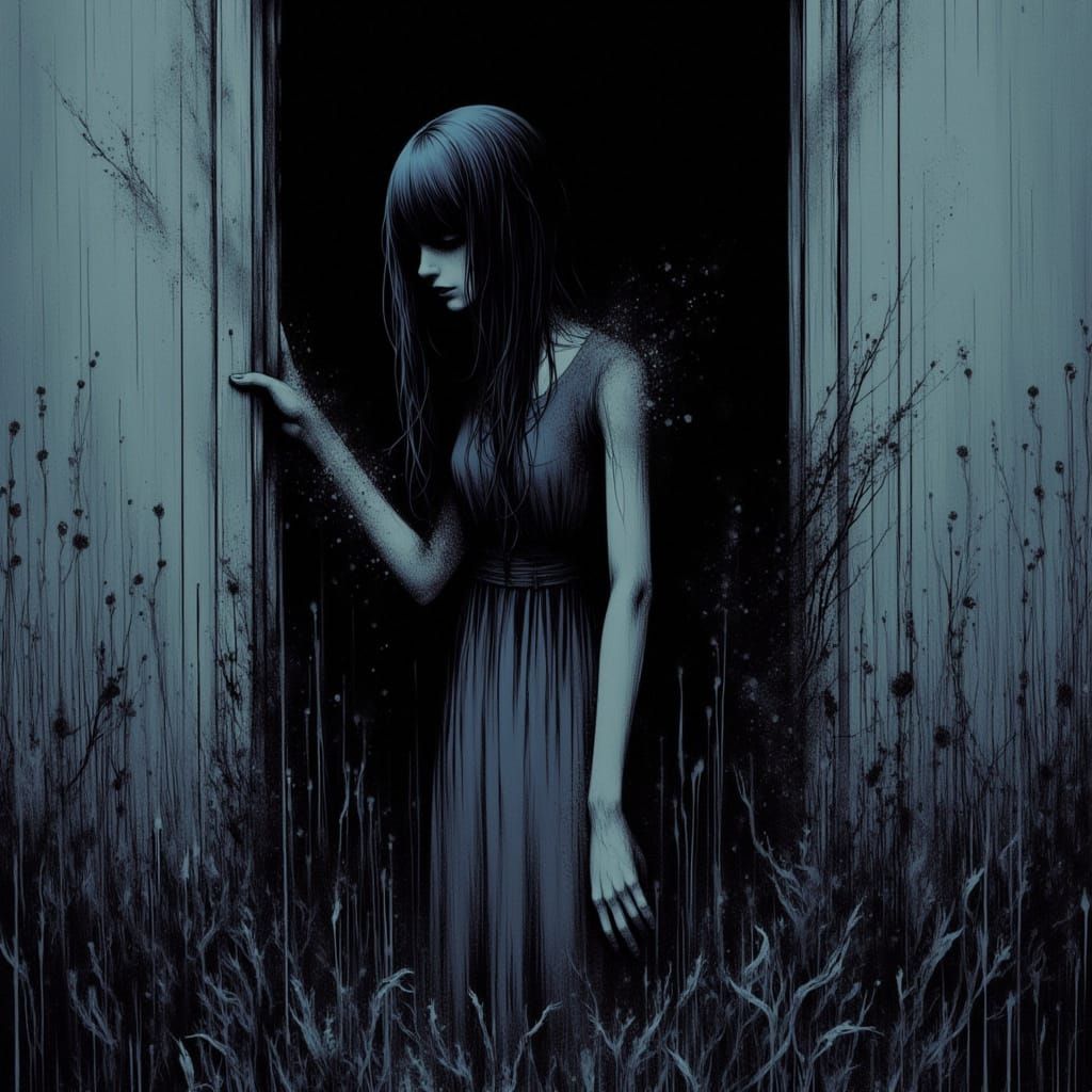 Eerie haunted house, dark-haired girl entering