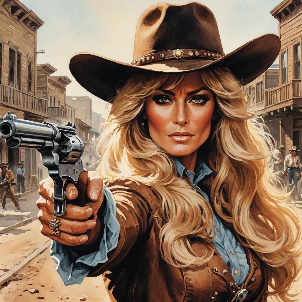 Farrah Fawcett as a Western Gunslinger, Frazetta Style
