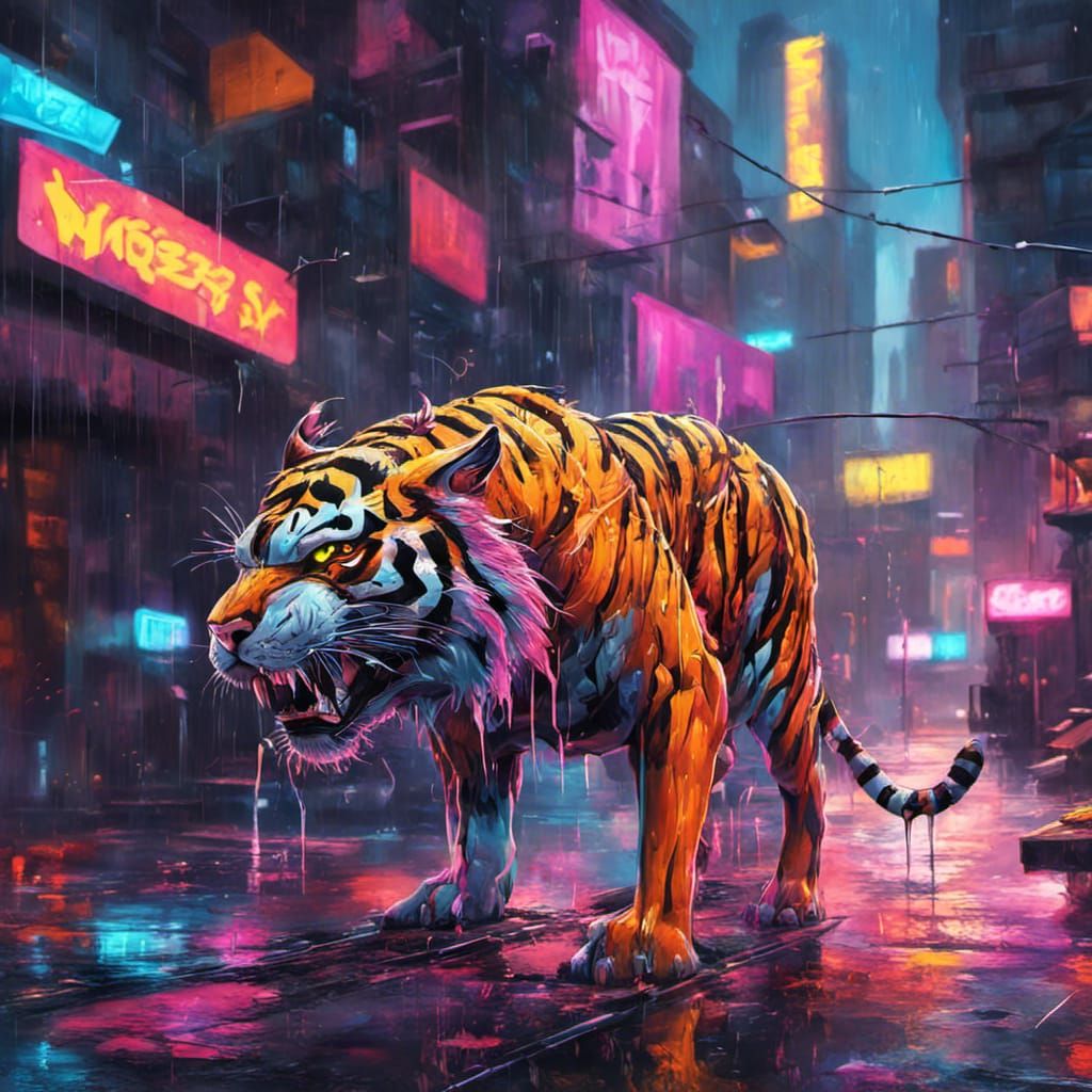Cyberpunk Tiger in Neon City: Graffiti Street Art