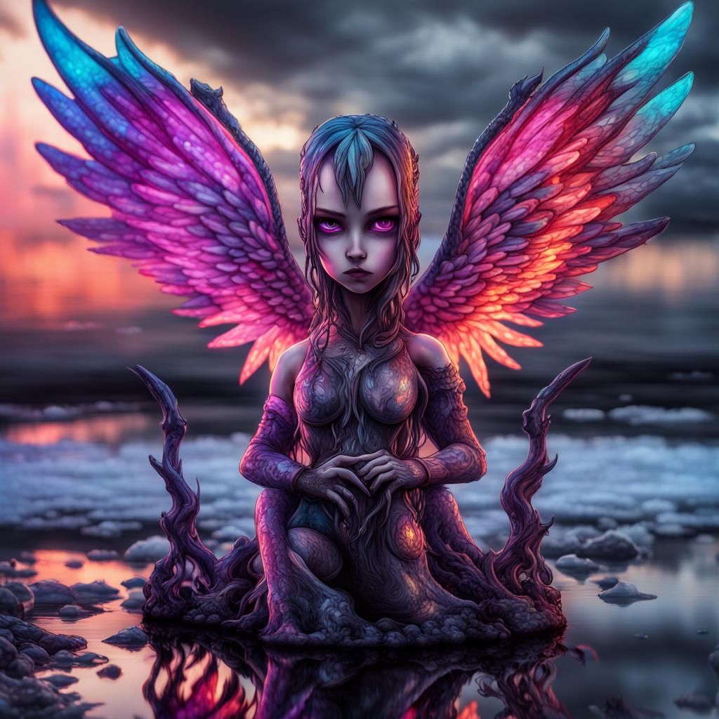 Chibi Angel with Neon Fire Wings