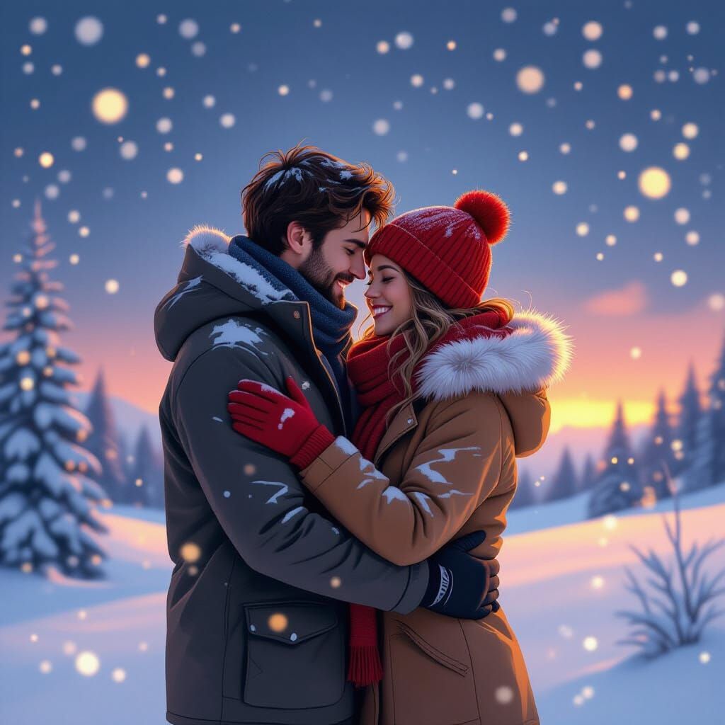 Couple's Winter Embrace: Atmospheric Digital Art