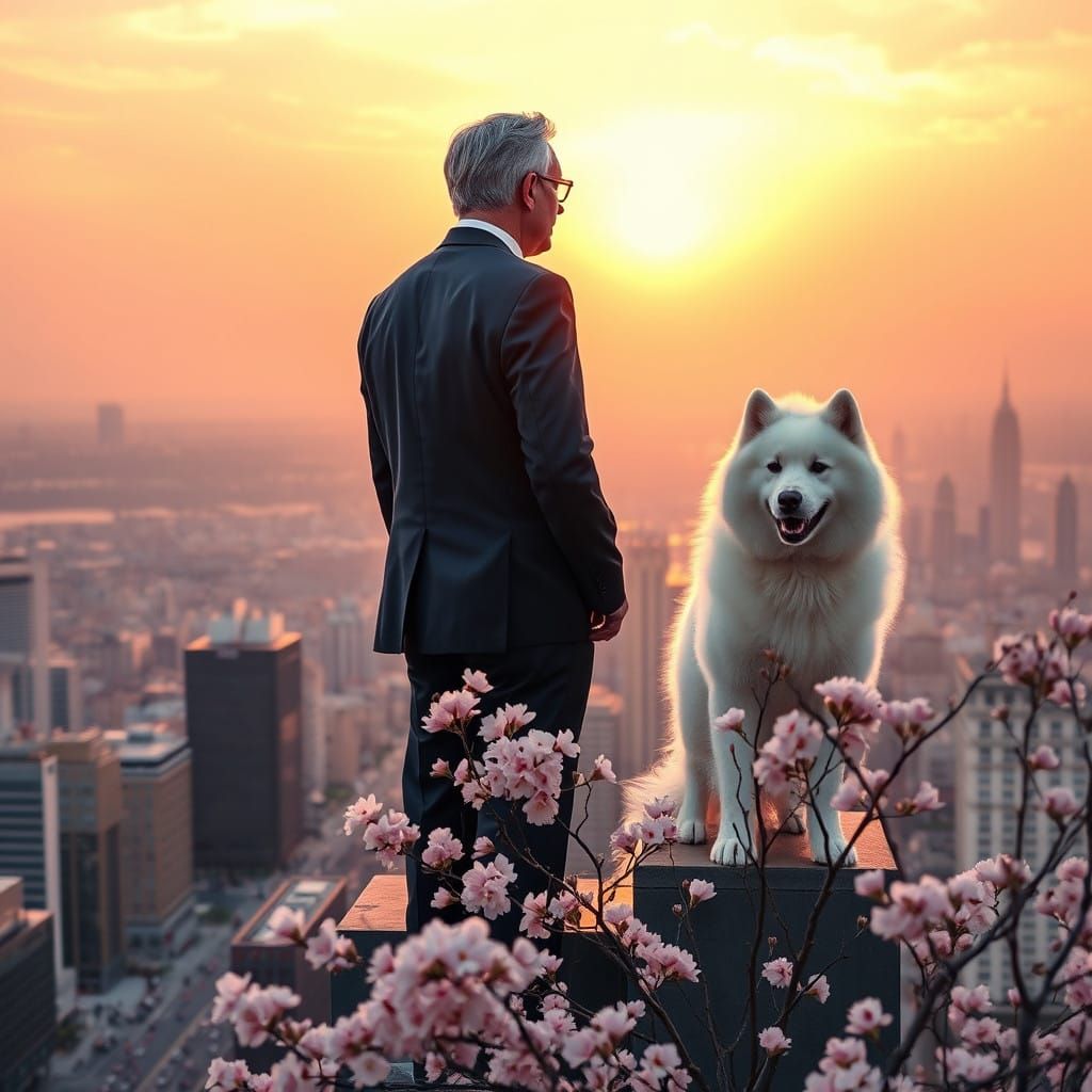 Triumphant Entrepreneur in Cyberpunk Cityscape