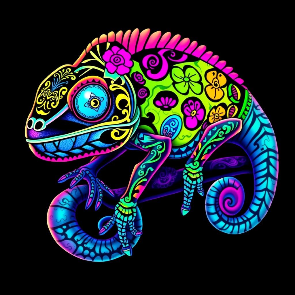Vibrant Sugar Skull Chameleon in Catrina Style