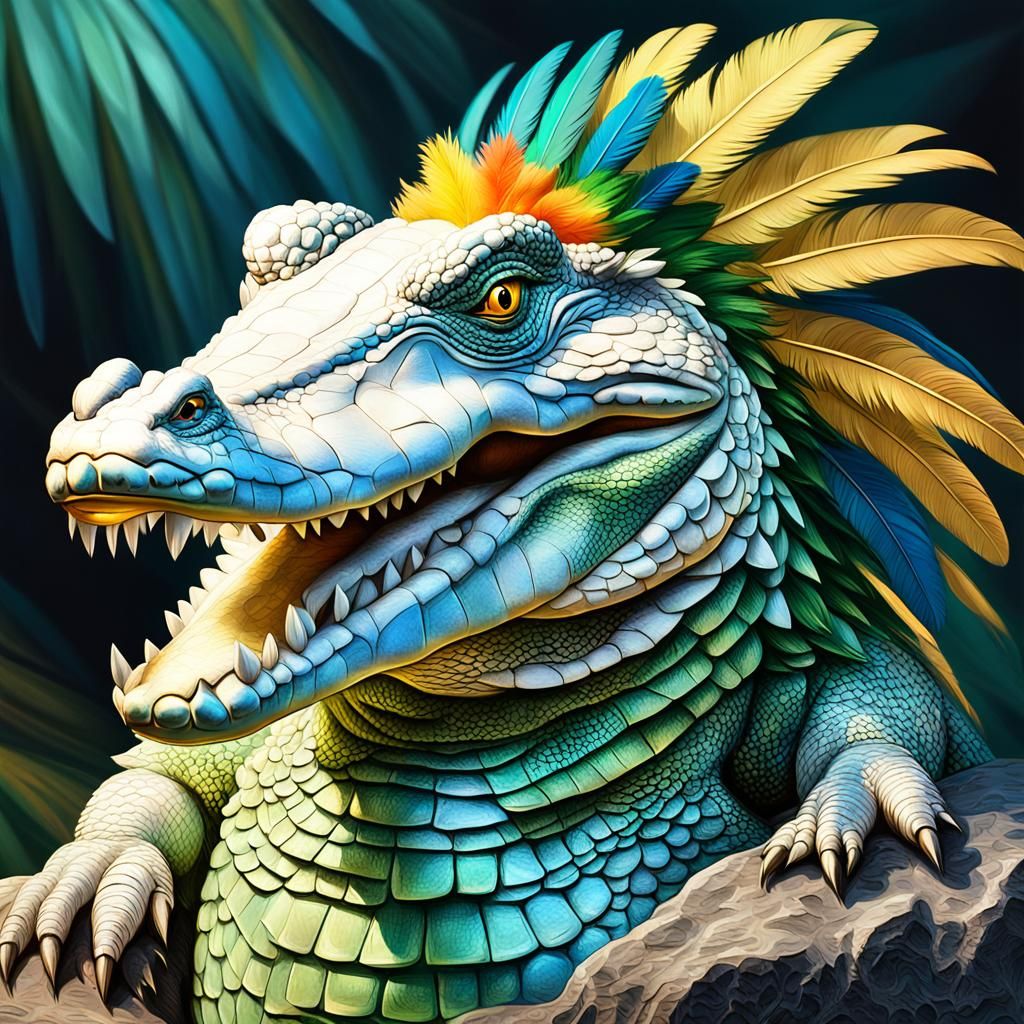 Surrealist Crocodile with Parrot Feathers in Vibrant Digital...