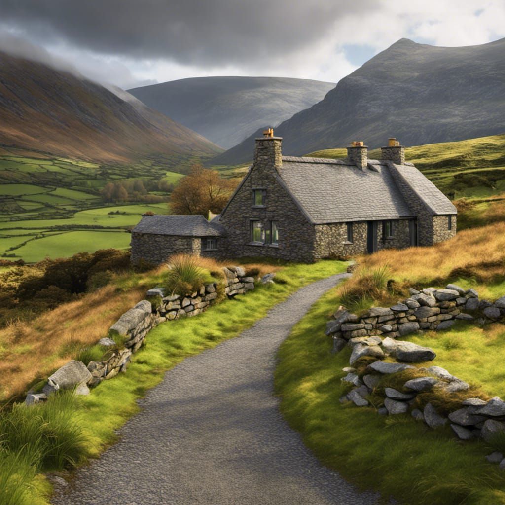 Irish Mountain Landscape with Stone Cottage